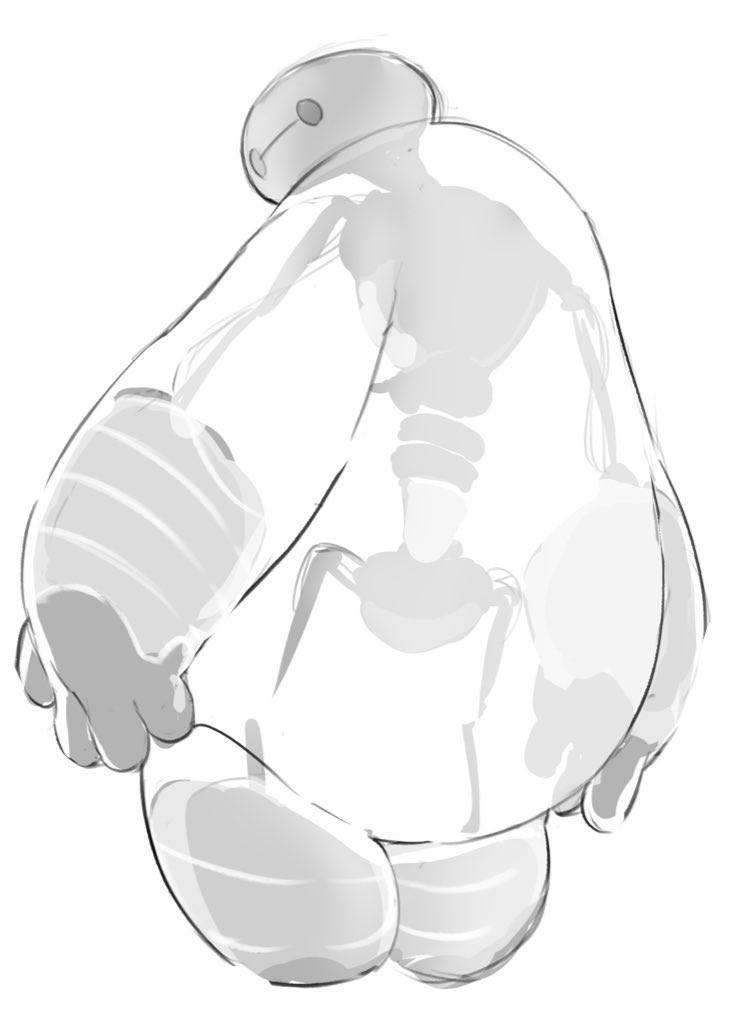 1other bald baymax big_hero_6 from_behind full_body greyscale looking_at_viewer looking_back mian_(omemen10) monochrome robot skeleton skull solo standing x-ray