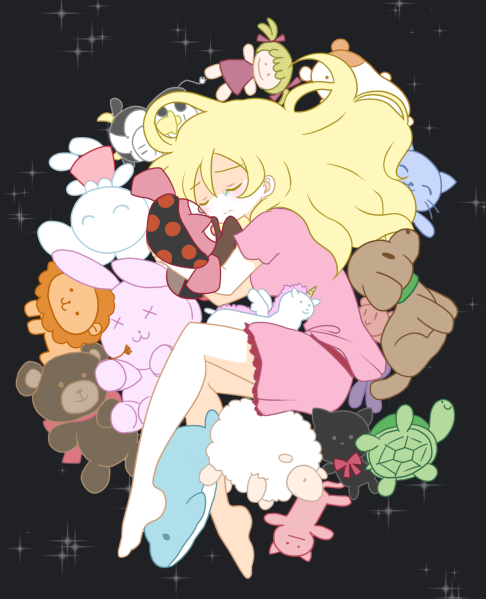 1girl bare_legs barefoot black_background blonde_hair character_doll charlotte_(madoka_magica) closed_eyes closed_mouth doll furrowed_brow hair_down knees_together_feet_apart mahou_shoujo_madoka_magica mahou_shoujo_madoka_magica_(anime) messy_hair nightgown no_nose pajamas pink_nightgown pink_pajamas pink_shorts pokki_(sue_eus) sad short_shorts short_sleeves shorts simple_background solo sparkle sparkle_background stuffed_animal stuffed_cat stuffed_cow stuffed_dog stuffed_dolphin stuffed_hamster stuffed_lion stuffed_rabbit stuffed_sheep stuffed_toy stuffed_turtle stuffed_unicorn tears teddy_bear tomoe_mami too_many