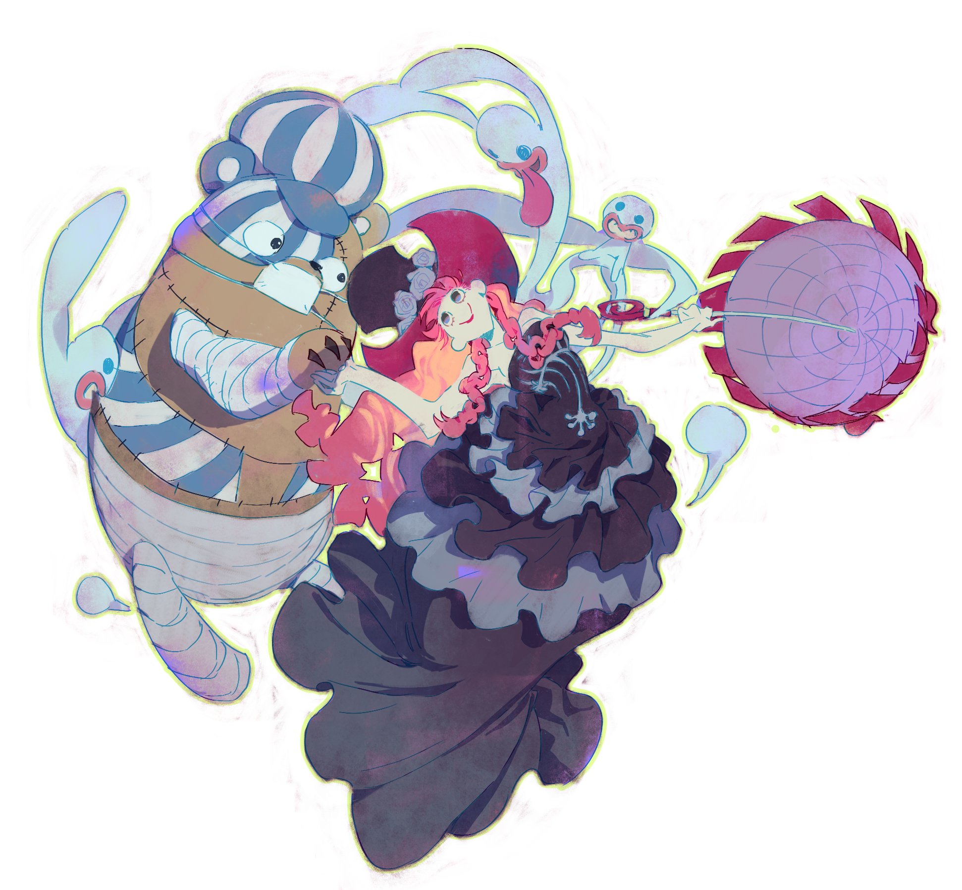 1girl bare_shoulders bear black_dress black_eyes black_hat braid dress flower frilled_dress frills full_body ghost hat hat_flower highres holding holding_hands holding_umbrella kumacy long_hair looking_at_another mask mouth_mask one_piece perona pink_hair pink_umbrella siyangou49 smile stitches strapless strapless_dress toy twin_braids umbrella white_background