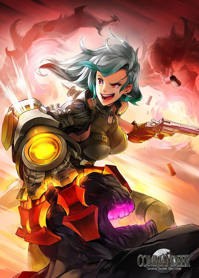 1girl battle belt black_belt black_boots black_gloves blue_hair boots bow breasts card_(medium) commandeer copyright_name crazy crazy_eyes crazy_smile floating_clothes floating_hair foot_out_of_frame gloves green_pants grey_leotard gun handgun holding holding_gun holding_weapon large_breasts leg_belt leg_up leotard lips logo mechanical_arms monster motion_lines official_art open_mouth pants patipat_asavasena pink_lips red_bow red_eyes shell_casing short_hair single_mechanical_arm leotard smile solo speed_lines spikes swept_bangs teeth tight_clothes vanessa_(commandeer) weapon
