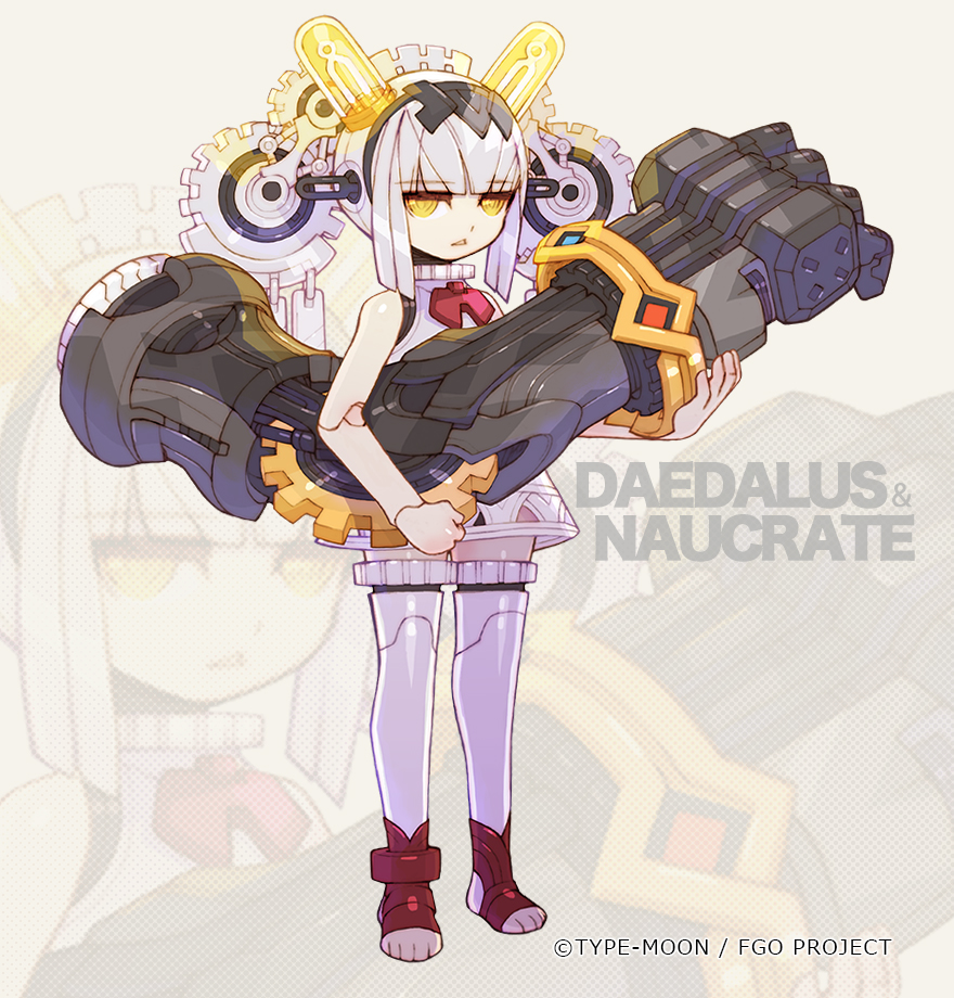 1girl bare_shoulders black_hairband brown_background character_name commentary_request copyright_name daedalus_(fate) doll_joints dress english_text fate/grand_order fate_(series) full_body gears hairband hands_up holding_another&#039;s_arm joints light_bulb looking_at_viewer mechanical_arms nakayama_tooru naucrate_(fate) official_art robot_girl simple_background sleeveless sleeveless_dress triangle_mouth white_dress white_hair yellow_eyes zoom_layer