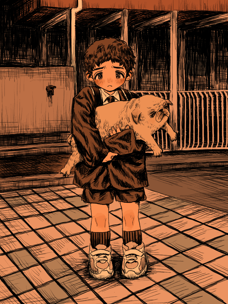 1boy a3dyqtlpqjcuqvs animal black_eyes brown_hair brown_jacket brown_necktie brown_shoes brown_shorts brown_socks brown_theme closed_mouth collared_jacket collared_shirt dog full_body holding holding_animal holding_dog jacket long_sleeves looking_at_viewer male_focus necktie original outdoors pug railing shirt shoes short_hair shorts sneakers socks solo standing white_shirt