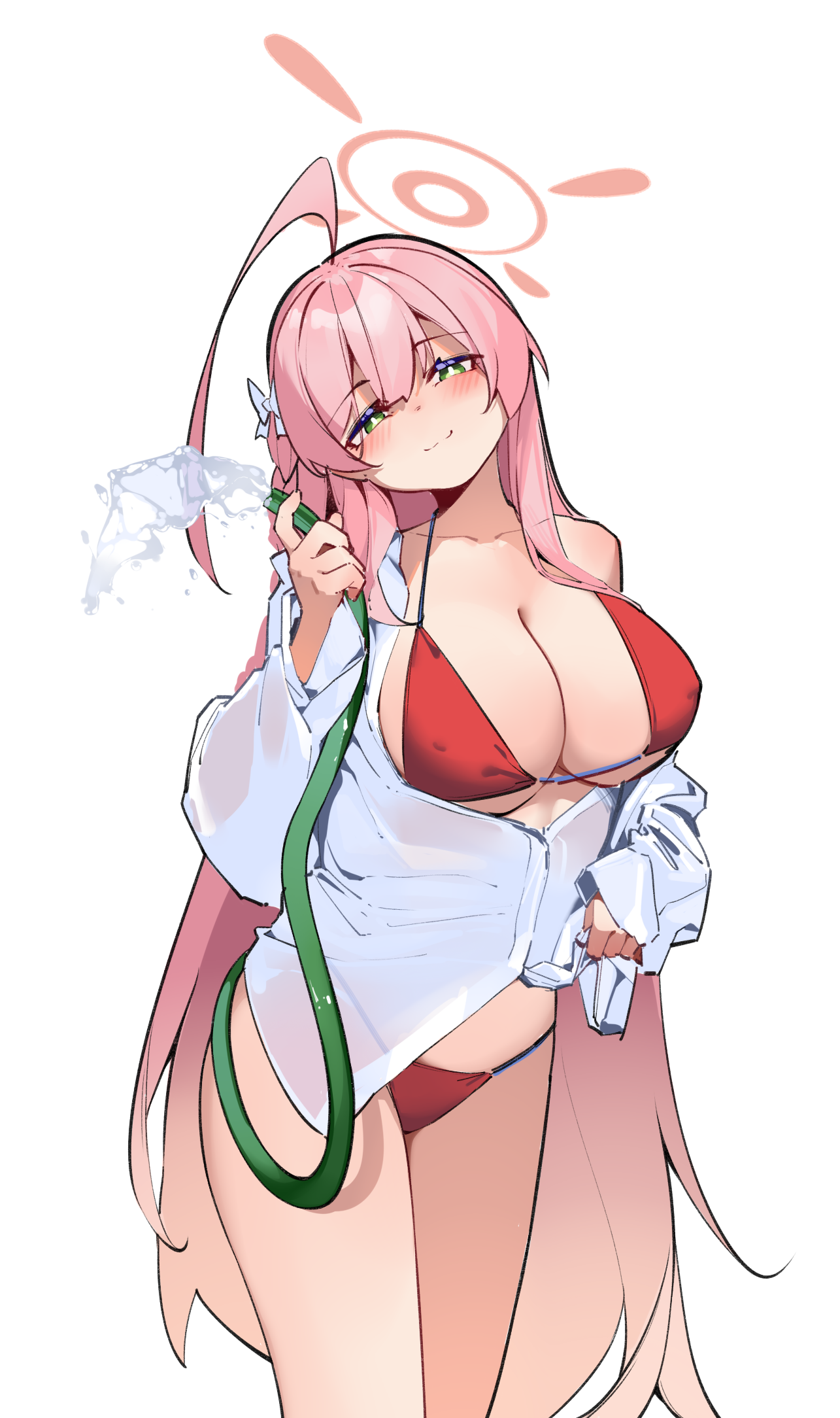1girl ahoge bikini bikini_under_clothes blue_archive blush commentary_request green_eyes halo halterneck hanako_(blue_archive) hanako_(swimsuit)_(blue_archive) highres holding holding_hose hose huge_ahoge long_hair looking_at_viewer official_alternate_costume painterliuhao pink_eyes red_bikini shirt simple_background smile solo straight_hair string_bikini swimsuit thighs very_long_hair white_background white_shirt