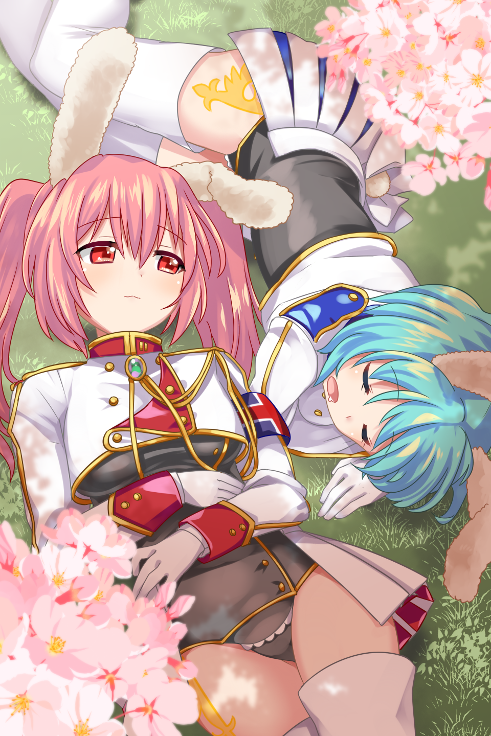 2girls animal_ears armband blue_hair cherry_blossoms chiester410 chiester45 chiester_sisters drooling gloves grass highres kamaboko_red light_smile long_hair looking_at_another lying multiple_girls on_back pink_hair rabbit_ears red_eyes short_hair showgirl_skirt sleeping thighhighs twintails umineko_no_naku_koro_ni