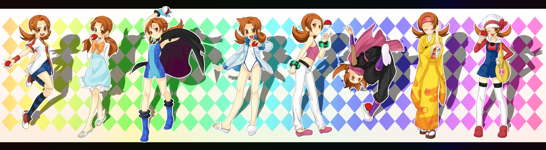 1girl alternate_hairstyle brown_hair cameo clair_(pokemon) clair_(pokemon)_(cosplay) cosplay different_shadow erika_(pokemon) erika_(pokemon)_(cosplay) highres holding holding_poke_ball janine_(pokemon) janine_(pokemon)_(cosplay) jasmine_(pokemon) jasmine_(pokemon)_(cosplay) legs long_image lyra_(pokemon) misty_(pokemon) misty_(pokemon)_(cosplay) nintendo poke_ball poke_ball_(basic) pokegear pokemon pokemon_hgss rainbow_background sabrina_(pokemon) sabrina_(pokemon)_(cosplay) saku_(pixiv526117) shadow thighhighs tmy0404 twintails when_you_see_it whitney_(pokemon) whitney_(pokemon)_(cosplay) wide_image zettai_ryouiki