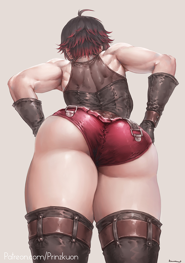 1girl alternate_muscle_size ass ass_focus back black_hair black_thighhighs facing_away from_behind from_below gloves gradient_hair huge_ass kuon_(kwonchanji) multicolored_hair muscular muscular_female red_hair red_shorts ruby_rose rwby short_hair shorts shoulder_blades simple_background solo standing thick_thighs thighhighs thighs two-tone_hair