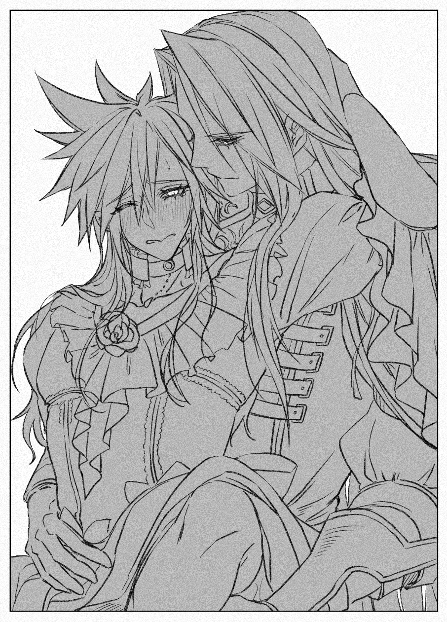 aged_up blush choker clenched_teeth cloud_strife cloud_strife_(ball_gown) commentary_request couple crossdressing dress dress_flower final_fantasy final_fantasy_vii final_fantasy_vii_ever_crisis flower frilled_choker frilled_dress frilled_sleeves frills gloves grey_background hair_over_shoulder hand_on_another&#039;s_hip hand_on_another&#039;s_thigh hand_on_own_head highres jacket leg_up light_smile long_hair long_sleeves looking_at_another looking_down lyell_ff14 military_jacket military_uniform monochrome nose_blush one_eye_closed puffy_long_sleeves puffy_sleeves sephiroth sephiroth_(shinra_formal_uniform) spiked_hair sweatdrop teeth yaoi