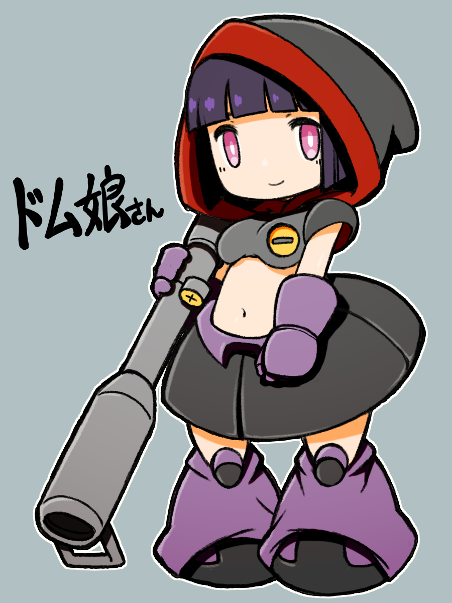 1girl bazooka_(gundam) beeru_(veil8801) black_shoes black_skirt blunt_bangs blunt_ends breasts bright_pupils character_name closed_mouth dom_(mobile_suit) full_body gloves grey_background gundam highres hood hood_up leg_warmers medium_breasts medium_skirt mobile_suit_gundam navel outline personification pink_eyes purple_gloves purple_hair purple_leg_warmers shoes short_hair simple_background skirt smile solo standing white_outline white_pupils