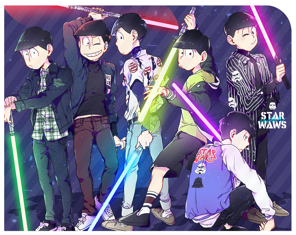 10s 6+boys :&lt; :3 ;) ;3 black_hair blue_background blue_lightsaber brothers casual denim double_blade energy_sword green_lightsaber holding holding_sword holding_weapon jacket jeans letterman_jacket lightsaber looking_at_viewer looking_back male_focus matsuno_choromatsu matsuno_ichimatsu matsuno_jyushimatsu matsuno_karamatsu matsuno_osomatsu matsuno_todomatsu multiple_boys off_shoulder one_eye_closed orionwo osomatsu-kun osomatsu-san osomatsu_(series) pants plaid_clothes plaid_shirt purple_lightsaber red_lightsaber sextuplets shirt siblings simple_background sitting smile star_wars striped_background sword weapon yellow_lightsaber