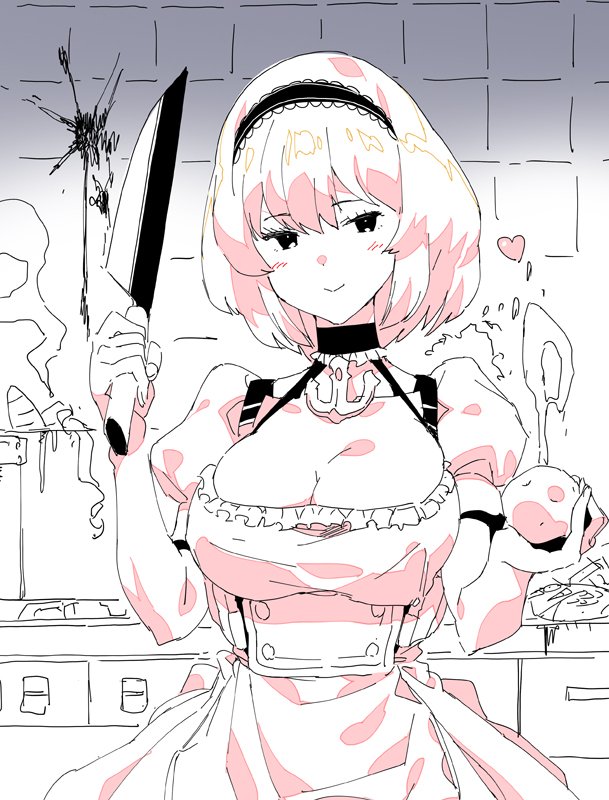 1girl azur_lane breasts cleavage greyscale hair_ornament holding holding_knife knife large_breasts monochrome short_hair sirius_(azur_lane) skirt smile yaguchiya_tomoshi