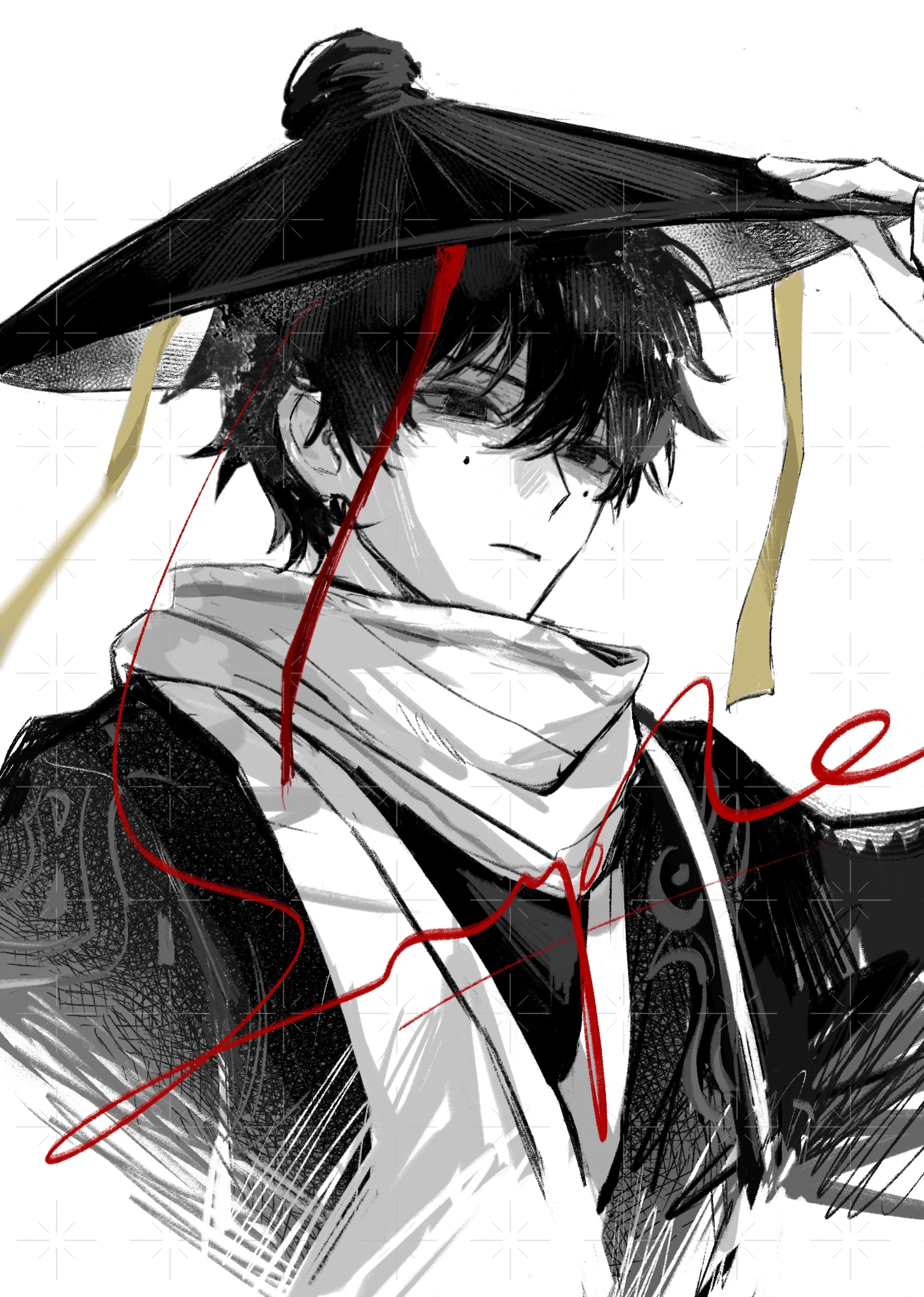 1boy ajirogasa cen_boyao chinese_commentary closed_mouth commentary_request e666lofter4 greyscale hair_between_eyes hair_bun hat highres huayangshan_jishi jacket male_focus mole mole_under_each_eye mole_under_eye monochrome multiple_moles open_clothes open_jacket sample_watermark scarf short_hair solo spot_color watermark white_background