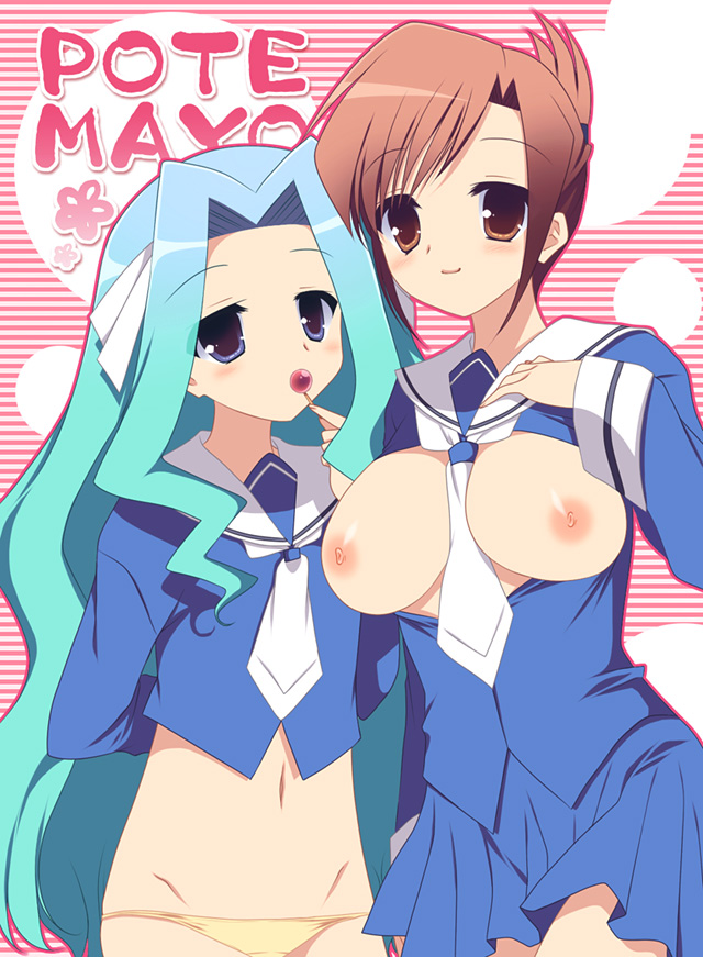00s 2girls aqua_hair bad_id bad_pixiv_id blue_eyes blush breasts brown_eyes brown_hair candy food framed_breasts kasugano_nene large_breasts lollipop long_hair lowleg multiple_girls navel necktie nipples no_bra open_clothes open_shirt panties potemayo school_uniform shirt short_hair sumii takamimori_kyo takamimori_kyou underwear very_long_hair