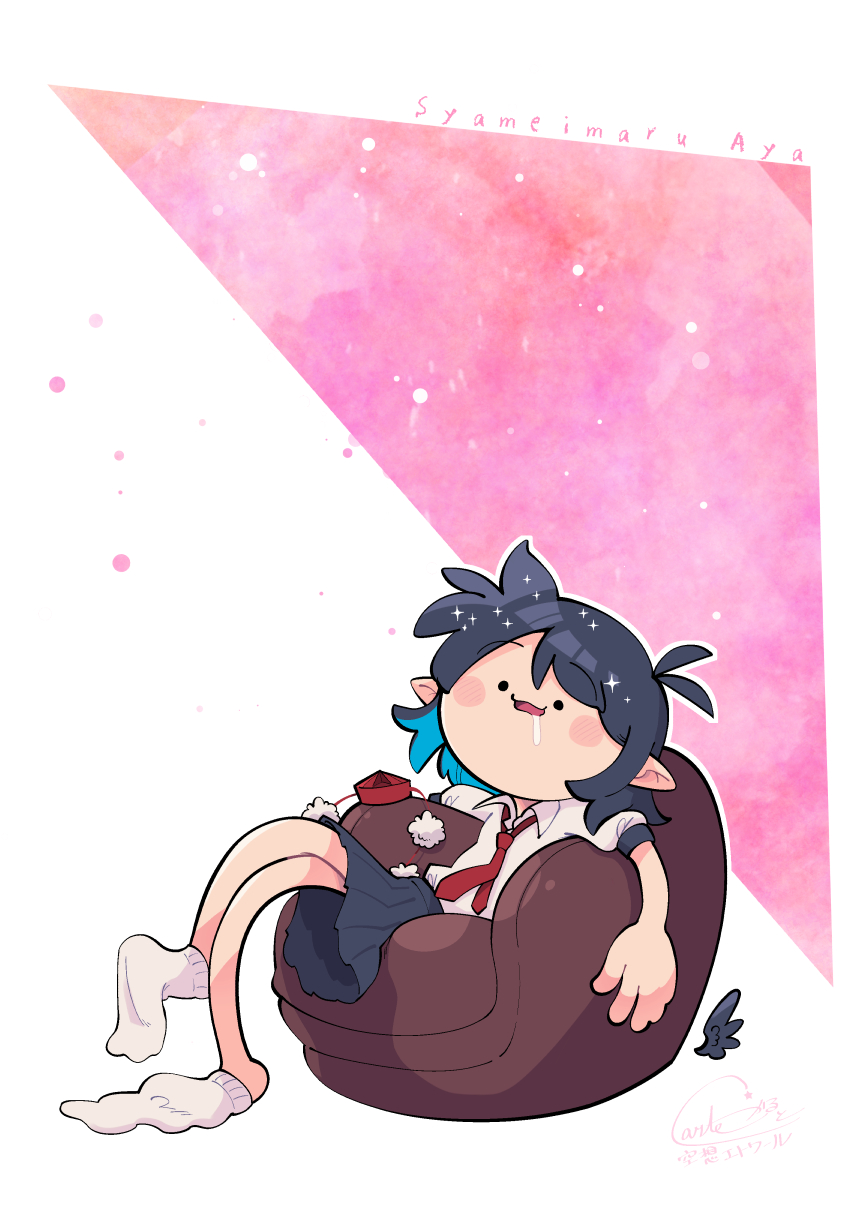 1girl black_hair black_skirt carte character_name chibi collared_shirt commentary_request couch crossed_legs drooling hat highres necktie pointy_ears pom_pom_(clothes) shameimaru_aya shirt signature sitting skirt socks sparkle tokin_hat touhou triangle_background wings