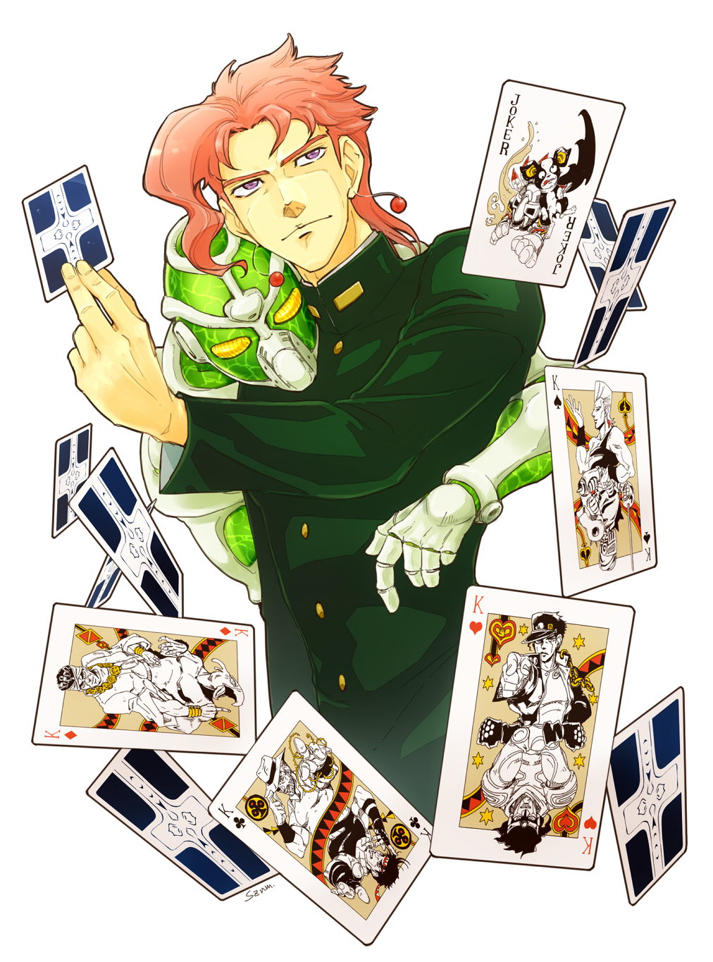 1boy 2boys boston_terrier card cherry_earrings club_(shape) clubs diamonds diamonds_(playing_card) dog dual_persona earrings food-themed_earrings food_themed_earrings gakuran green_gakuran hat heart hearts_(playing_card) hermit_purple hierophant_green highres iggy_(jojo) jean_pierre_polnareff jewelry jojo_no_kimyou_na_bouken joker_(playing_card) joseph_joestar joseph_joestar_(old) joseph_joestar_(young) kakyoin_noriaki king_(playing_card) king_of_clubs king_of_diamonds king_of_hearts king_of_spades kuujou_joutarou magician&#039;s_red male_focus mohammed_avdol multiple_boys muraji_(waveman) pink_hair playing_card purple_eyes sazanami_(waveman) scarf school_uniform silver_chariot spade spade_(shape) spades stand_(jojo) star_platinum the_fool_(stand) transparent_background