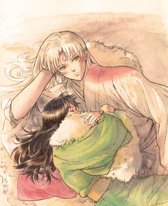 1boy 1girl black_hair closed_eyes closed_mouth crescent crescent_facial_mark facial_mark forehead_mark green_kimono grey_hair head_rest hugging_another&#039;s_tail hugging_tail inuyasha japanese_clothes kimono long_hair long_sleeves lying niko_(silent.whitesnow) obi on_side pillow pointy_ears rin_(inuyasha) sash sesshoumaru sleeping tail upper_body white_kimono yellow_eyes