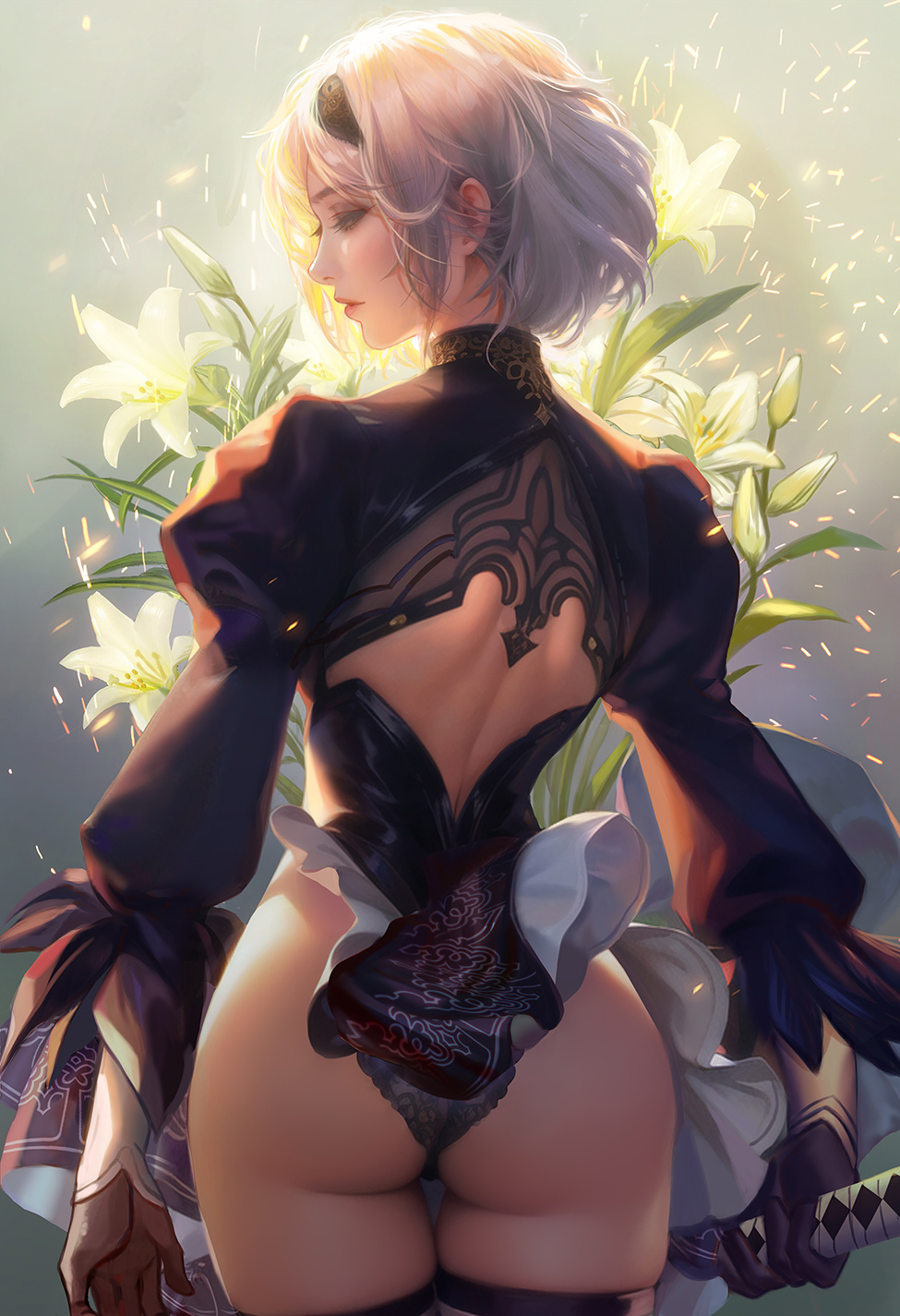 1girl arms_at_sides ass back_cutout black_dress black_gloves black_hairband black_thighhighs clothing_cutout dress fan_yang_(jiuge) feather-trimmed_sleeves flower from_behind gloves grey_leotard hairband half-closed_eyes highres holding holding_sword holding_weapon juliet_sleeves leotard lily_(flower) lips long_sleeves looking_to_the_side nier:automata nier_(series) no_blindfold nose parted_lips puffy_sleeves short_hair solo standing sword thighhighs vambraces weapon white_flower white_hair 2b_(nier:automata)