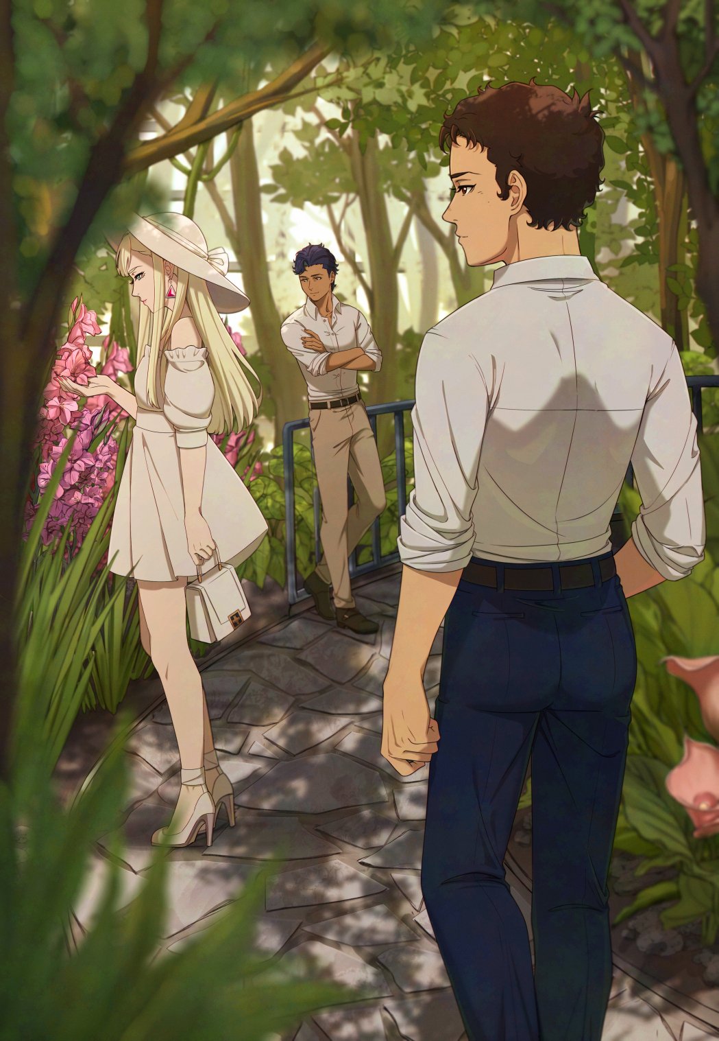 1girl 2boys against_railing bag bare_shoulders belt belt_buckle black_belt black_hair black_shoes blonde_hair blue_eyes blue_pants blurry blurry_foreground brown_belt brown_eyes brown_hair brown_pants buckle closed_mouth collared_shirt crossed_arms dark-skinned_male dark_skin day dress enelous flower forest gigi_andalusia gundam gundam_hathaway&#039;s_flash hat hathaway_noa high_heels highres holding holding_bag holding_flower kenneth_sleg long_hair looking_at_flowers looking_to_the_side multiple_boys nature off-shoulder_dress off_shoulder open_collar outdoors pants path pink_flower railing ribbon road shirt shoes short_dress short_hair sleeves_rolled_up slice_of_life standing sun_hat three-quarter_sleeves tree vegetation very_short_hair white_bag white_dress white_hat white_ribbon white_shirt white_shoes