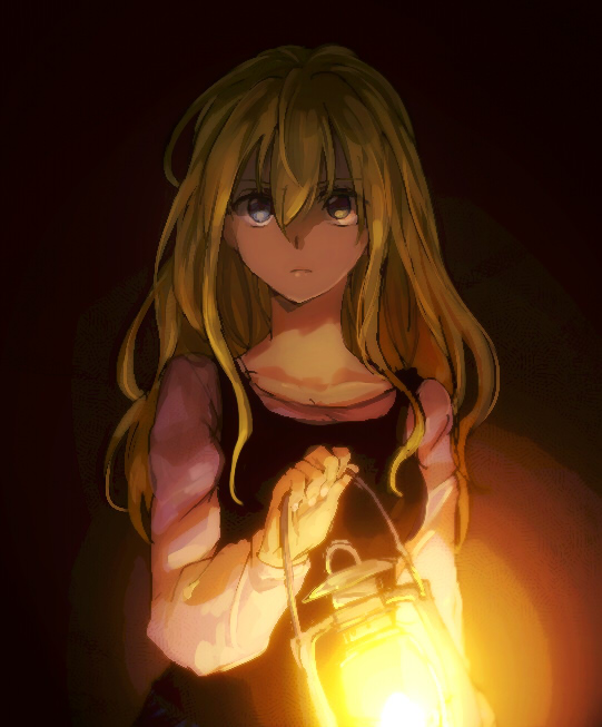 1girl blonde_hair blue_eyes collarbone dark female_focus hair_between_eyes heterochromia holding lamp lantern long_hair long_sleeves looking_at_viewer mermaid_swamp ningyo_numa shadow sidelocks solo tsukuda0310 upper_body yamazaki_rin yellow_eyes