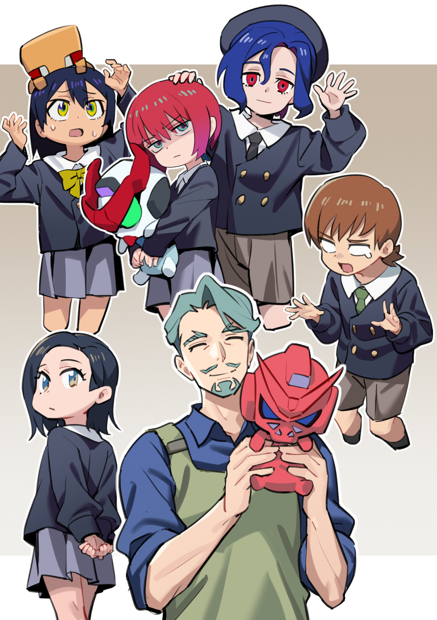 3boys 3girls aged_down amate_yuzuriha apron aqua_eyes beard beret black_hair blue_eyes blue_hair border brown_background brown_hair challia_bull child collared_shirt commentary_request comoli_harcourt cropped_legs facial_hair glaring gquuuuuux gradient_background green_hair gundam gundam_gquuuuuux hand_on_another's_head hat highres holding hugging_doll hugging_object jacket jitome liang_chan_xing_make_tu long_hair long_sleeves mecha mole mole_under_eye mole_under_mouth multicolored_eyes multiple_boys multiple_girls mustache neck_ribbon necktie non-humanoid_robot nyaan_(gundam_gquuuuuux) red_eyes red_gundam red_hair ribbon robot school_uniform shirt short_hair shorts shuji_ito skirt smile tearing_up two-tone_eyes white_border xavier_olivette yellow_eyes