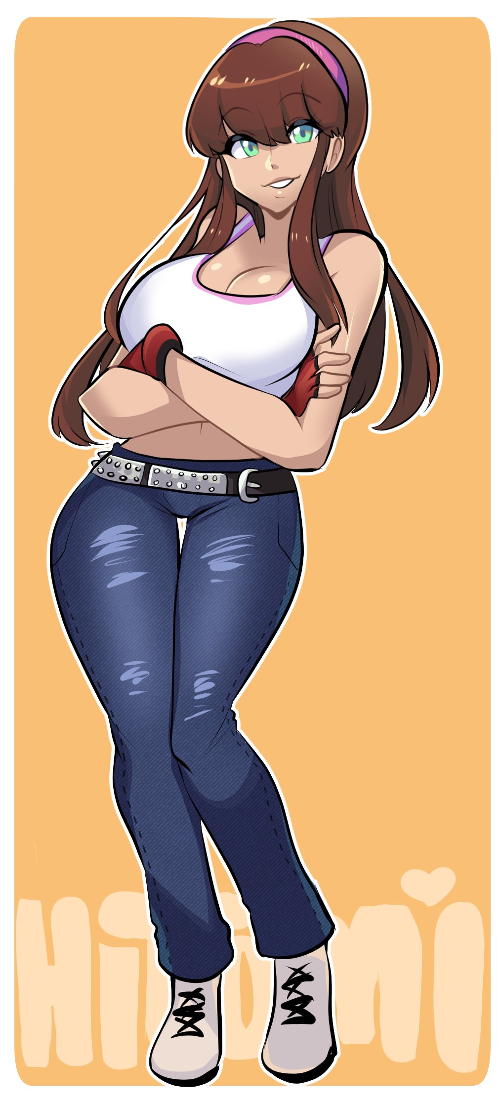 belt breasts brown_eyes cleavage crossed_arms dead_or_alive dead_or_alive_5 denim fingerless_gloves gloves green_eyes hairband highres hitomi_(doa) jeans large_breasts long_hair missandydandy navel pants pink_hairband red_gloves smile tank_top thick_thighs thighs white_tank_top