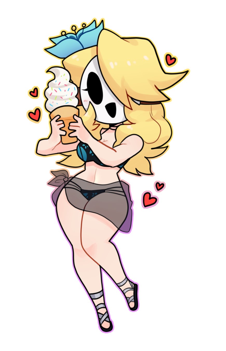 1girl 2022 :d bare_legs bare_shoulders bikini black_sandals blonde_hair blue_bikini borrowed_character breasts chibi choker cleavage collarbone commentary commission english_commentary female_focus floating food hair_over_one_eye happy heart highres holding holding_food holding_ice_cream holding_ice_cream_cone ice_cream ice_cream_cone large_breasts locket_white_(bakalorin) mario_(series) multi-strapped_bikini_bottom navel nintendo open_mouth original sandals sarong see-through_clothes shy_gal simple_background smile solo swept_bangs swimsuit thick_thighs thighs variant_set variations white_background white_mask yellow_choker yuunkurosu