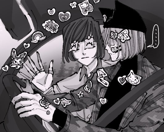 animal_hat beard_stubble camouflage camouflage_jacket car_interior cat_hat commentary_request driving eyepatch facial_hair hachinoji_(8_oo87) hand_up hat hello_kitty hello_kitty_(character) jacket jewelry kuromi luther_von_ivory medical_eyepatch multiple_rings nyen_(randal&#039;s_friends) randal&#039;s_friends randal_ivory ring sanrio short_hair sticker sticker_on_face stubble taped_note too_many_stickers upper_body waving