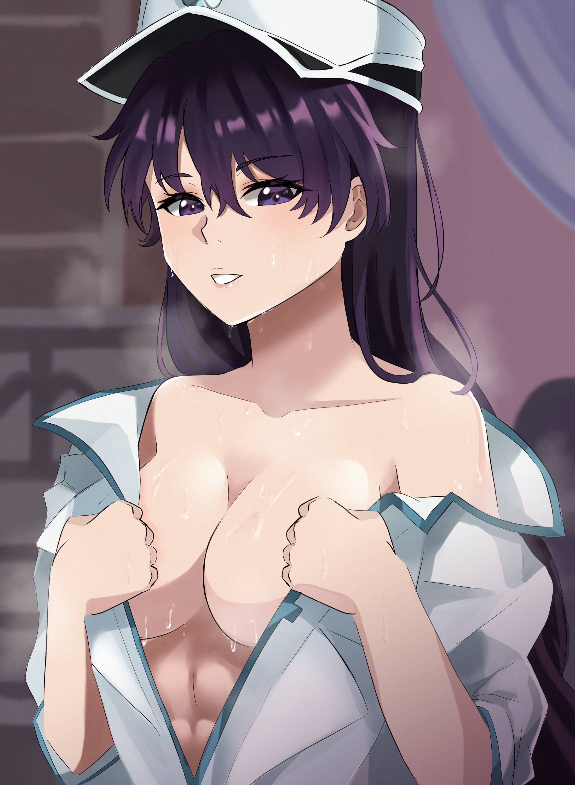 1girl abs absurdres artist_request bambietta_basterbine bare_shoulders black_hair bleach bleach:_sennen_kessen-hen breasts collarbone female_focus hat highres jacket long_hair medium_breasts military_hat quincy_(bleach) sternritter sweat