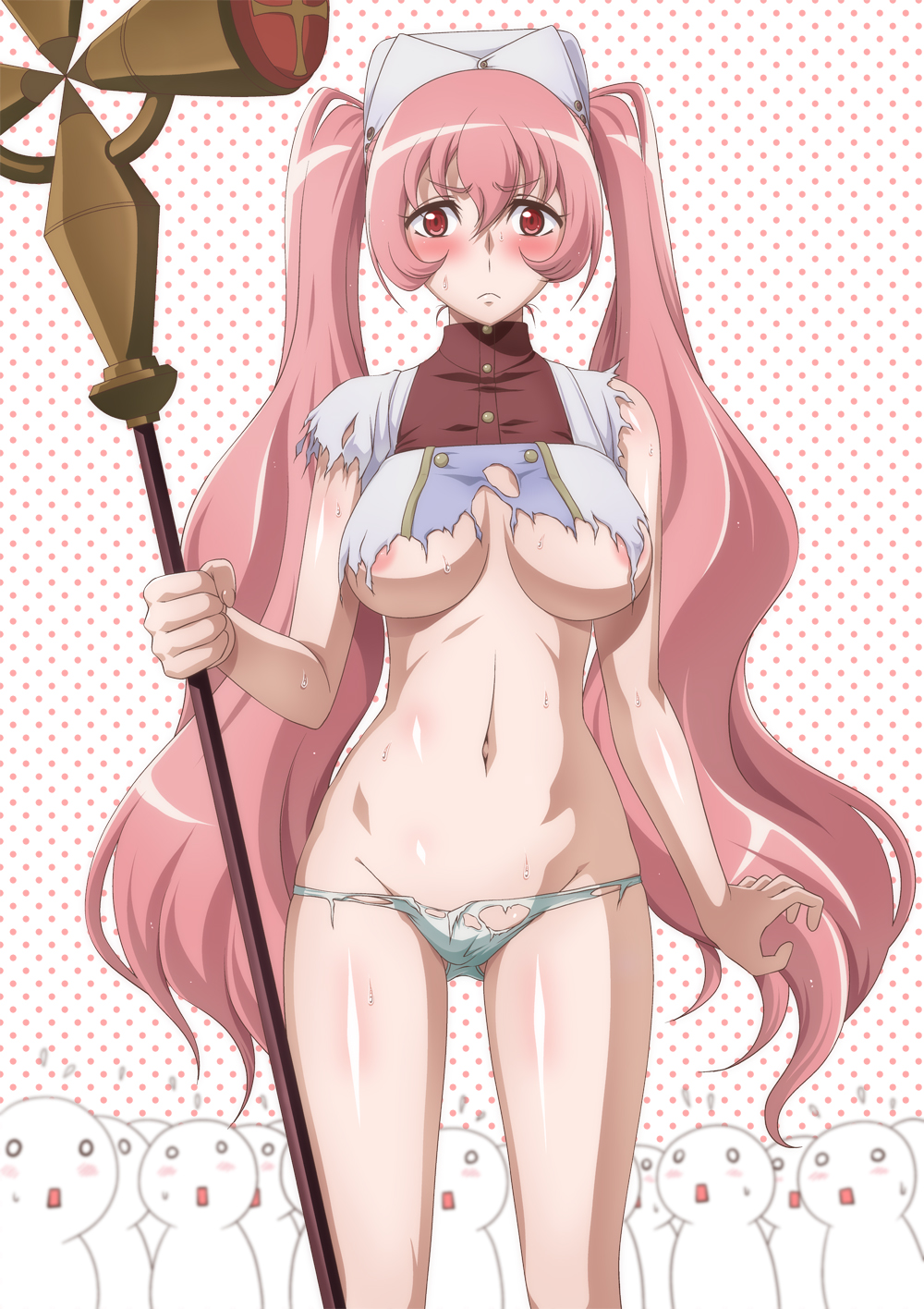 1girl areola_slip bare_arms blush breasts dungeon_ni_deai_wo_motomeru_no_wa_machigatteiru_darou_ka hair_between_eyes hat heith_velvet highres holding holding_staff kaname_aomame long_hair medium_breasts navel panties pink_hair polka_dot polka_dot_background red_eyes staff sweat sweatdrop torn_clothes torn_panties twintails underwear white_hat white_panties