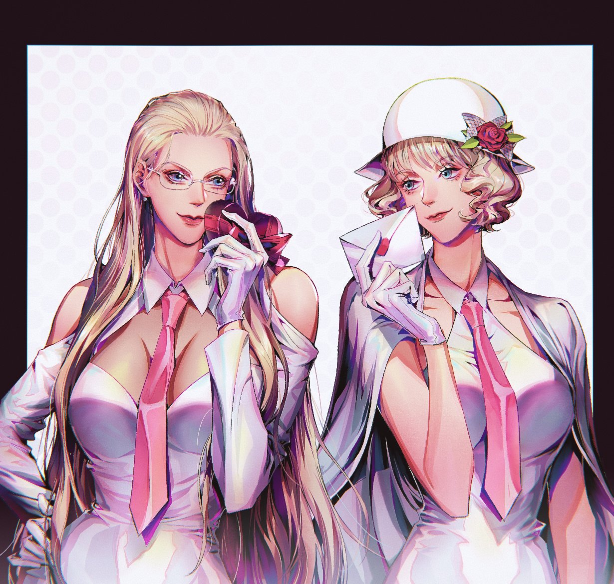 2girls black_border blonde_hair blue_eyes blunt_bangs border chocolate dress flower food gift glasses gloves hair_slicked_back hand_on_own_hip hat hat_flower holding holding_food holding_gift holding_letter kalifa_(one_piece) letter long_hair long_sleeves multiple_girls necktie one_piece pink_necktie short_hair simple_background smdsqi smile stussy_(one_piece) upper_body white_background white_dress white_gloves