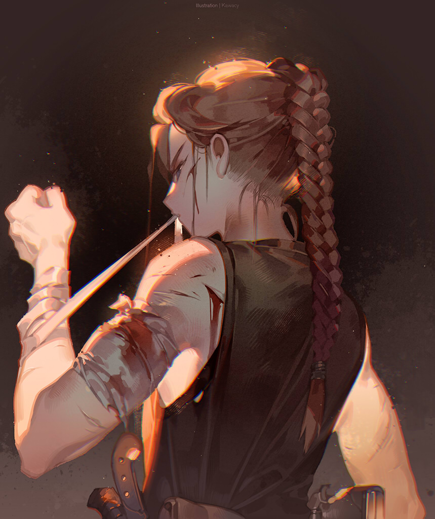 1girl abby_(the_last_of_us) applying_bandages arm_at_side artist_name bandaged_arm bandages bare_shoulders black_footwear bleeding blood blood_on_face bloody_bandages blue_eyes braid braided_ponytail brown_background brown_hair from_behind gun hand_up injury kawacy knife long_hair mouth_hold multiple_scars scar scar_on_arm shirt single_braid sleeveless sleeveless_shirt solo the_last_of_us_(series) the_last_of_us_2 toned toned_female upper_body veins weapon