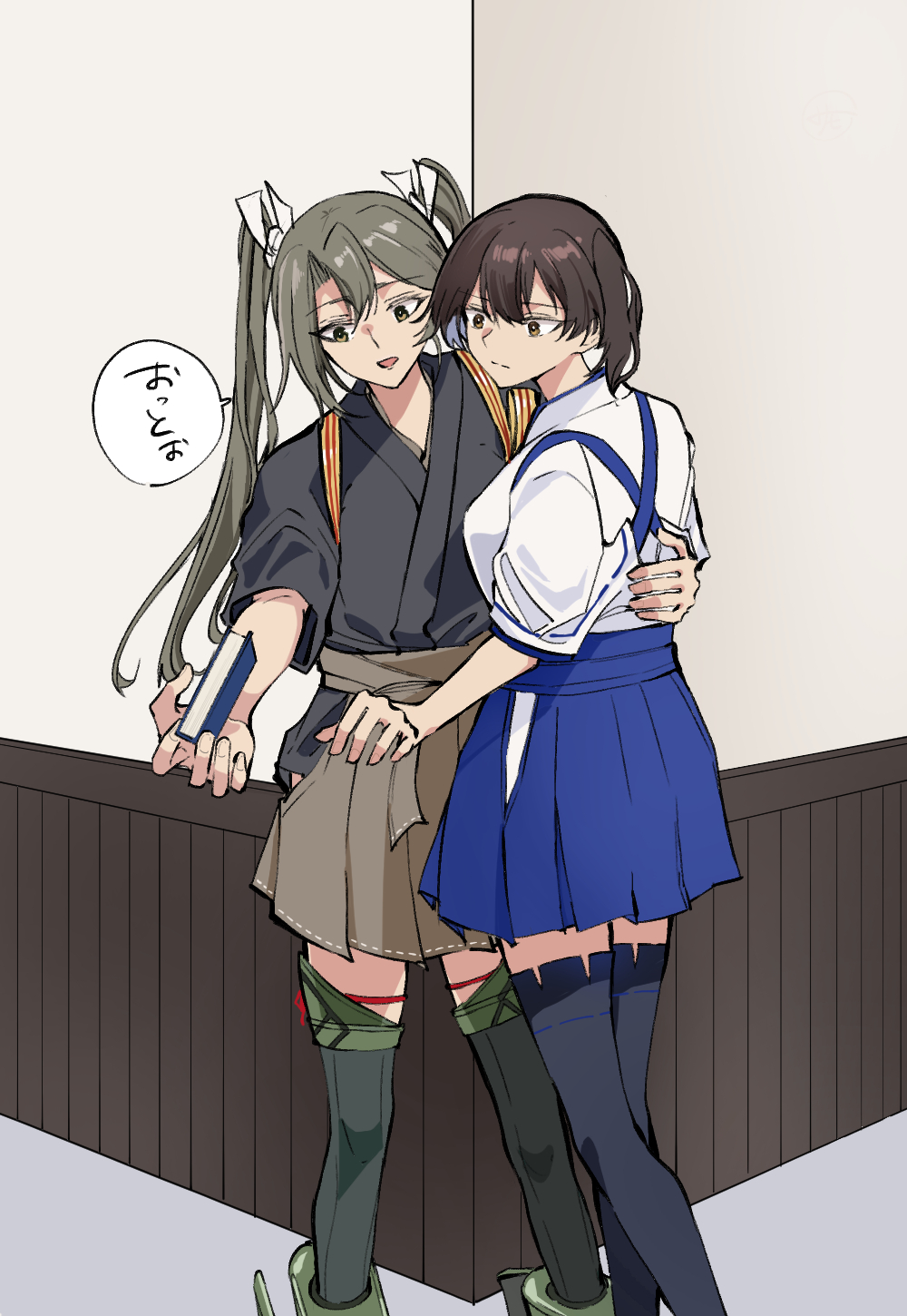 2girls black_hair black_kimono black_thighhighs blue_hakama book corner feet_out_of_frame grey_hair grey_hakama hakama hakama_short_skirt hakama_skirt highres japanese_clothes kaga_(kancolle) kaga_kai_ni_(kancolle) kantai_collection kimono multiple_girls ponytail samonasu17 side_ponytail skirt tasuki thighhighs twintails white_kimono zuikaku_(kancolle) zuikaku_kai_ni_(kancolle)
