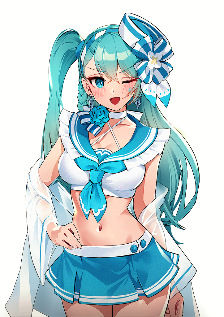 1girl ;d aqua_hair black_survival blue_eyes blue_flower blue_headwear blue_neckerchief blue_rose blue_sailor_collar blue_skirt blush braid breasts cheerleader cleavage cowboy_shot crop_top earrings emma_hardy flower frilled_sailor_collar frills hand_on_own_hip jewelry long_hair long_sleeves looking_at_viewer medium_breasts milimon miniskirt navel neckerchief one_eye_closed open_clothes open_mouth rose sailor_collar side_braid simple_background skirt smile snowflake_earrings solo stomach tilted_headwear v-shaped_eyebrows very_long_hair white_background