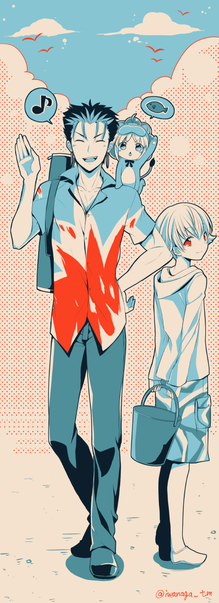 1girl 2boys aged_down animal_costume artoria_pendragon_(fate) child_gilgamesh_(fate) cu_chulainn_(fate) cu_chulainn_(fate/stay_night) fate/hollow_ataraxia fate/tiger_colosseum fate_(series) gilgamesh_(fate) hawaiian_shirt highres iwanaga_tm limited_palette lion_costume multiple_boys musical_note official_alternate_costume quaver saber_lion shirt speech_bubble spoken_fish spoken_food spoken_musical_note twitter_username waving
