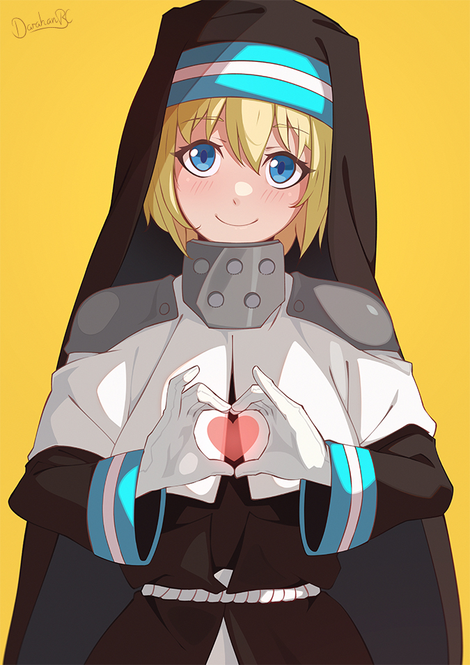 1girl armor black_dress black_veil blonde_hair blue_eyes blush capelet closed_mouth commentary darahan dress en&#039;en_no_shouboutai english_commentary gloves habit hair_between_eyes head_tilt heart heart_hands iris_(en&#039;en_no_shouboutai) iris_(enen_no_shouboutai) long_sleeves looking_at_viewer nun pauldrons shoulder_armor signature simple_background smile solo veil white_capelet white_gloves yellow_background