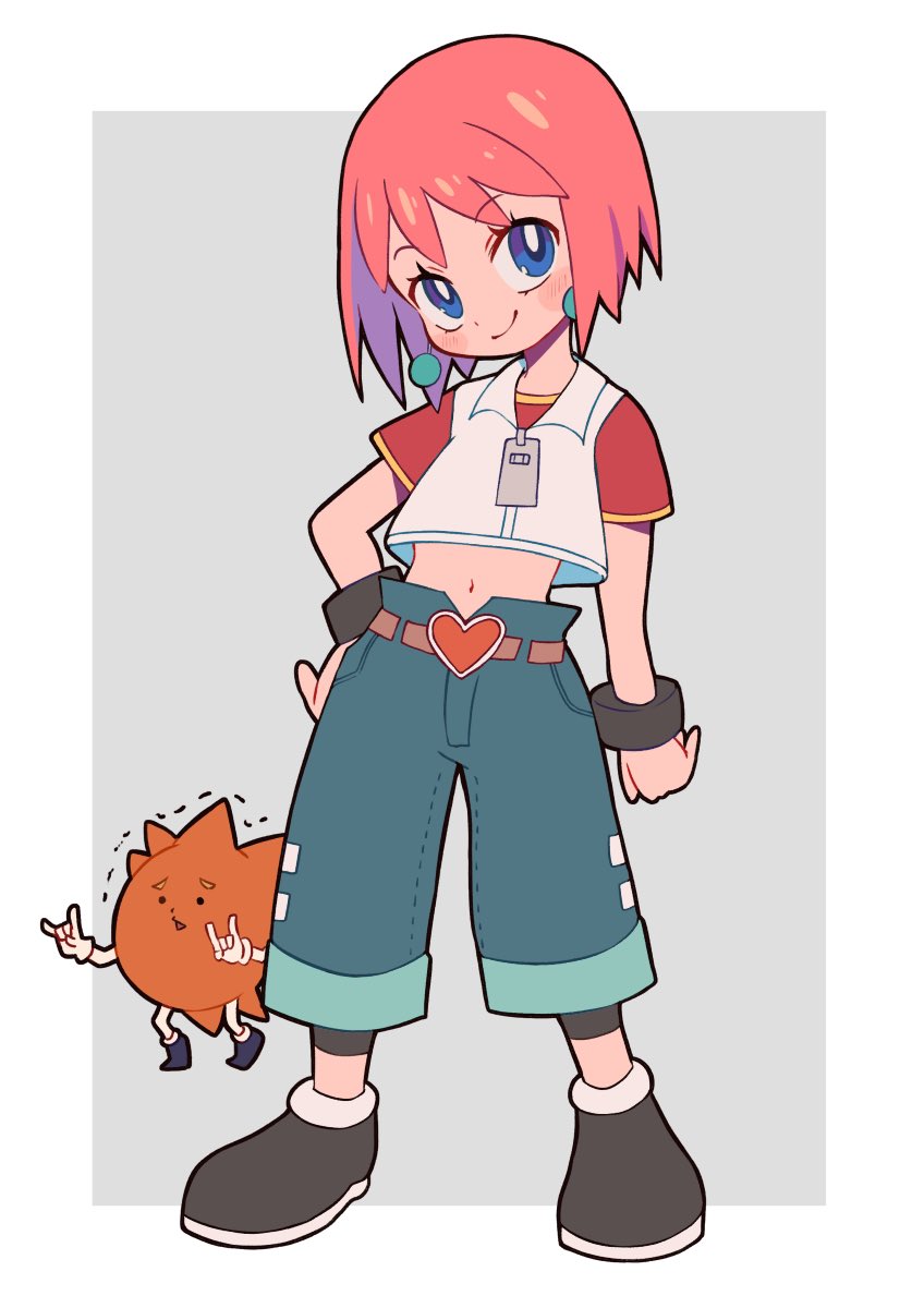 1girl \m/ beauty_(bobobo-bo_bo-bobo) belt blue_eyes bobobo-bo_bo-bobo closed_mouth commentary_request crop_top denim don_patch earrings full_body gloves hand_on_own_hip highres jeans jewelry looking_at_viewer midriff miyata_(lhr) navel open_mouth pants pink_hair short_hair short_sleeves simple_background smile standing white_background