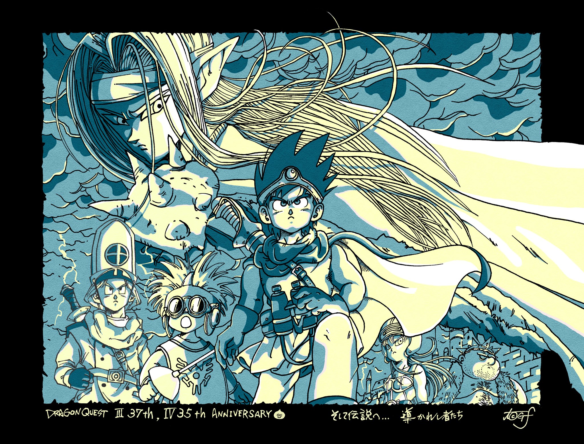 1girl 5boys ancestor_and_descendant anniversary armor binoculars black_border blunt_ends border breasts cape castle chest_hair cleavage clift cloud cloudy_sky coat daisy_(dq) dragon_quest dragon_quest_ii dragon_quest_iii dragon_quest_iv dragon_quest_viii dragon_quest_yuusha_abel_densetsu facial_hair fake_horns floating_cape floating_clothes floating_hair forehead_protector fur_cape fur_vest gloves goggles greyscale hat headband helmet hero_(dq3) highres holding holding_binoculars holding_sword holding_weapon horned_helmet horns in-franchise_crossover long_hair looking_back looking_to_the_side looking_up mitre monochrome multiple_boys on_one_knee open_mouth overcoat parted_hair pauldrons pisaro pointy_ears prince_of_samantoria rapier roto's_emblem roto_(dq3) short_hair shoulder_armor signature single_pauldron sky slime_(dragon_quest) spiked_hair spiked_hat spiked_pauldrons stubble sword sword_on_back tabard tcgf_04 toriyama_akira_(style) translation_request tunic weapon weapon_on_back yangus