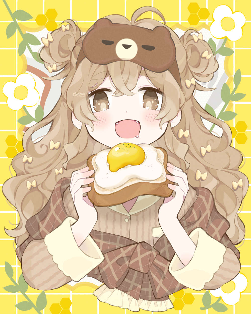 1girl blush bow bread bread_slice brown_eyes cropped_torso double_bun eating egg eyewear_on_head fangs flower food fried_egg fried_egg_on_toast hair_bow hair_bun highres holding holding_food long_hair long_sleeves open_mouth original plaid shamo3 sleep_mask solo toast two_side_up