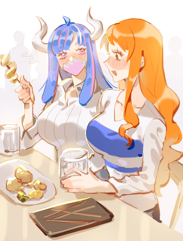 2girls ahoge alternate_sleeve_length beer_mug blue_hair blush breasts brown_eyes collarbone collared_shirt commentary cup desk drunk elbow_rest food holding holding_cup holding_food horns large_breasts long_hair looking_at_another mask mouth_mask mug multiple_girls nami_(one_piece) nami_(one_piece)_(east_blue) on_chair one_piece open_mouth orange_hair pink_eyes plate raine_(acke2445) shirt sidelocks single_sidelock sitting symbol-only_commentary ulti_(one_piece) upper_body v-neck wavy_hair white_shirt