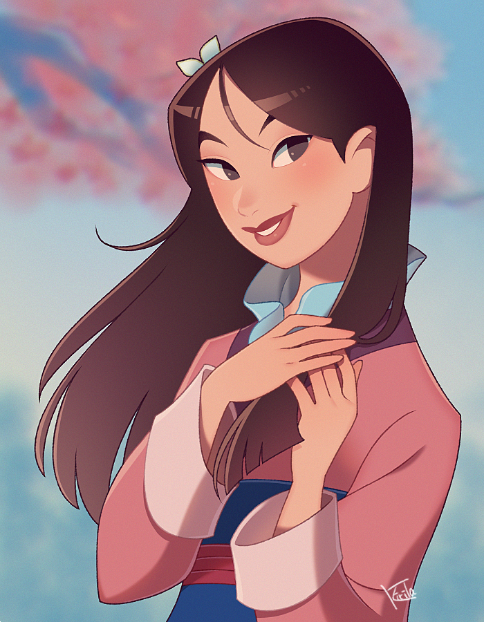 1girl asian black_eyes black_hair blurry blurry_background blush cherry_blossoms chinese_clothes fa_mulan_(disney) flower hair_ornament hanfu kiri_futoshi lips long_hair long_sleeves looking_at_viewer mulan_(movie) pink_flower pink_hanfu signature solo upper_body