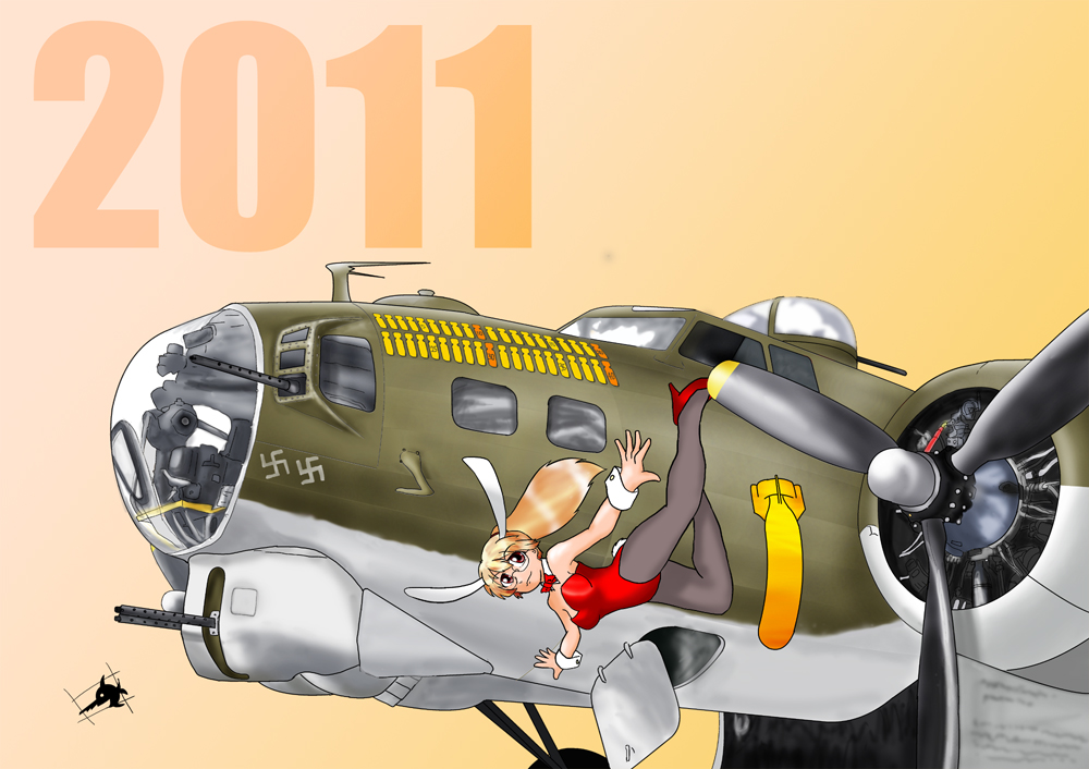10s 1girl 2011 aircraft airplane animal_ears b-17 blonde_hair bomb bomber explosive fake_animal_ears glasses gun killmark leotard long_hair military military_vehicle nose_art original pantyhose personification playboy_bunny propeller rabbit_ears same_hiroshi signature swastika vehicle_focus weapon world_war_ii