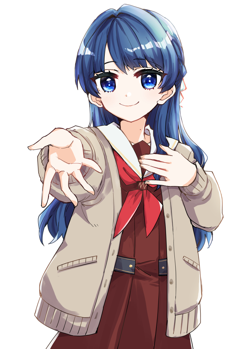 1girl blue_eyes blue_hair blue_ribbon brown_cardigan brown_dress cardigan closed_mouth commentary_request cowboy_shot dress foreshortening hair_ribbon half_updo hasu_no_sora_school_uniform kanduki_kamibukuro link!_like!_love_live! long_hair long_sleeves looking_at_viewer love_live! mole mole_on_neck murano_sayaka neckerchief offering_hand open_cardigan open_clothes open_hand outstretched_arm pleated_dress red_neckerchief red_ribbon ribbon sailor_collar sailor_dress school_uniform second-party_source simple_background smile solo standing virtual_youtuber white_background white_sailor_collar winter_uniform