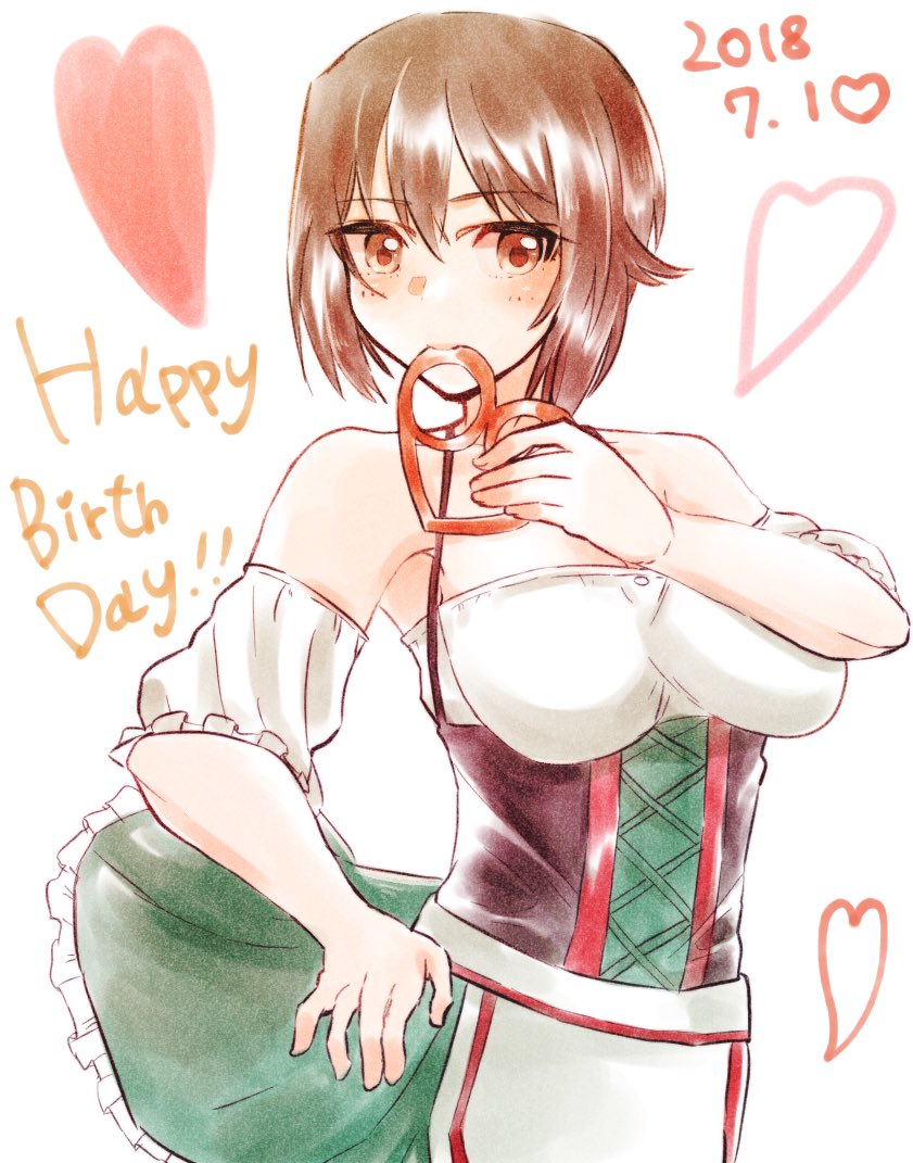 1girl apron blush breasts brown_eyes brown_hair chunta cleavage dirndl dress eating food german_clothes germany girls_und_panzer hand_on_own_hip happy_birthday heart large_breasts looking_at_viewer mouth_hold nishizumi_maho official_alternate_costume pretzel short_hair simple_background solo strapless strapless_dress traditional_media