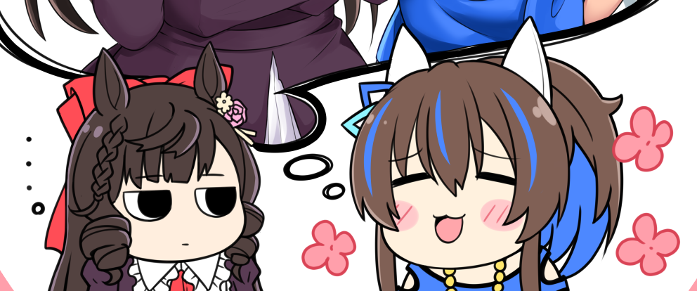 ... 2girls =_= animal_ears annoyed black_hair blush_stickers bow closed_eyes daiichi_ruby_(umamusume) daitaku_helios_(umamusume) dreaming drill_hair hair_between_eyes hair_bow hair_ornament horse_ears horse_girl long_hair looking_at_another medium_hair multicolored_hair multiple_girls okitarou_(okiyo) open_mouth portrait simple_background streaked_hair umamusume white_background