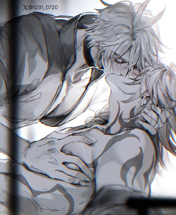 2boys antenna_hair arm_tattoo black_choker blush chest_tattoo choker closed_eyes collarbone commentary earrings from_side greyscale hair_between_eyes hand_on_another&#039;s_neck honkai:_star_rail honkai_(series) jewelry kiss male_focus monochrome multiple_boys mydei_(honkai:_star_rail) np_(1231_0720) pectoral_cleavage pectoral_grab pectorals phainon_(honkai:_star_rail) shirt short_hair tattoo topless_male twitter_username white_hair yaoi