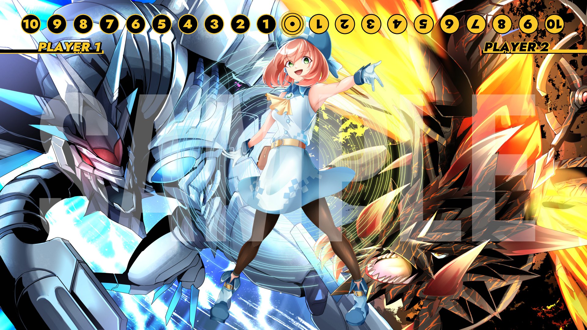 digimon digimon_(creature) digimon_linkz dragon happy hat highres kurihara_hina looking_at_viewer metallicdramon smile volcanicdramon