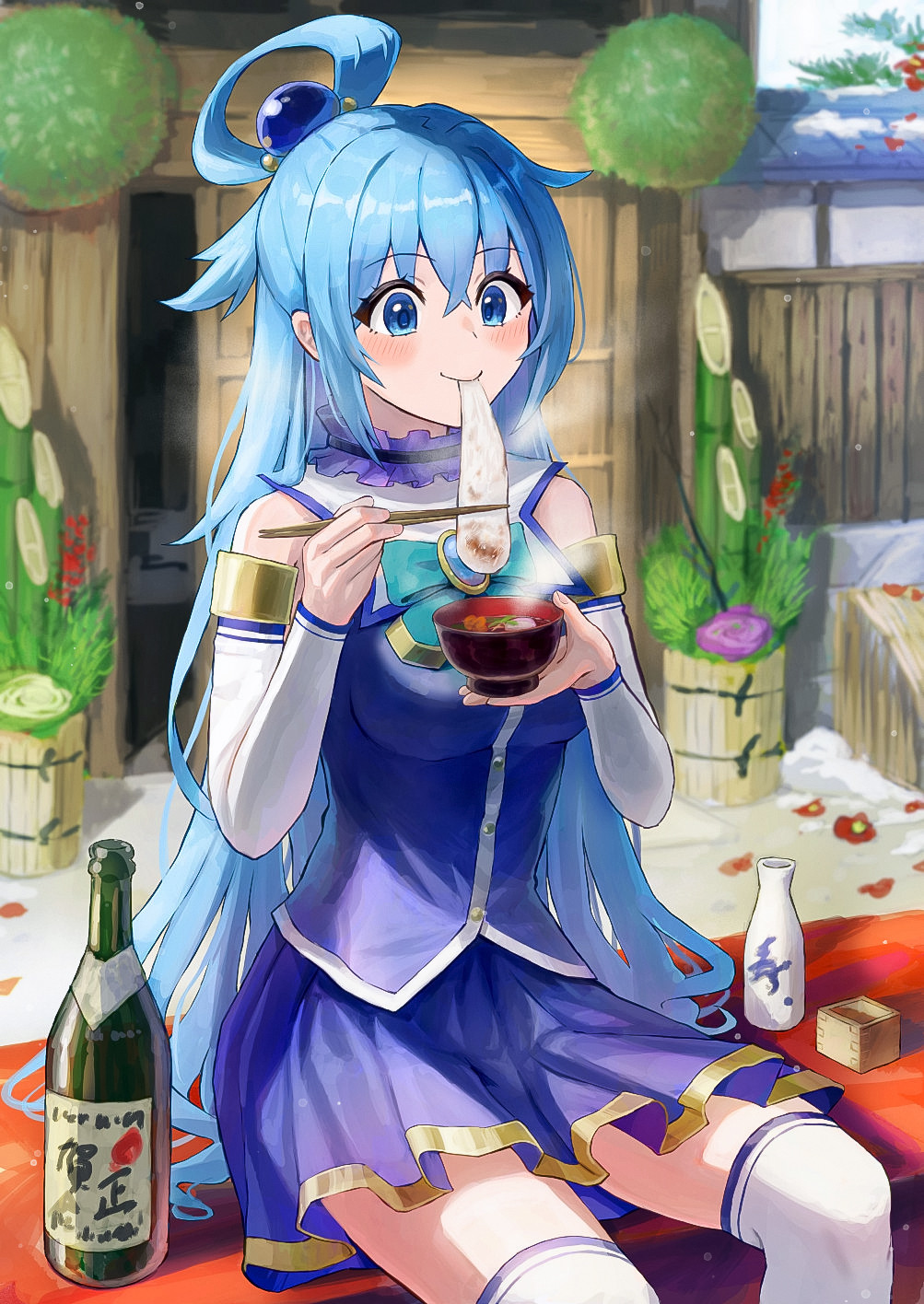 1girl aqua_(konosuba) bamboo blue_eyes blue_hair blue_shirt blue_skirt blush bottle bow bowl bowtie chopsticks detached_sleeves eating food green_bow green_bowtie hair_rings highres holding holding_bowl holding_chopsticks isome kono_subarashii_sekai_ni_shukufuku_wo! long_hair long_sleeves mochi on_bench outdoors pleated_skirt shirt single_hair_ring sitting skirt sleeveless sleeveless_shirt snow steam thighhighs white_sleeves white_thighhighs winter zouni_soup