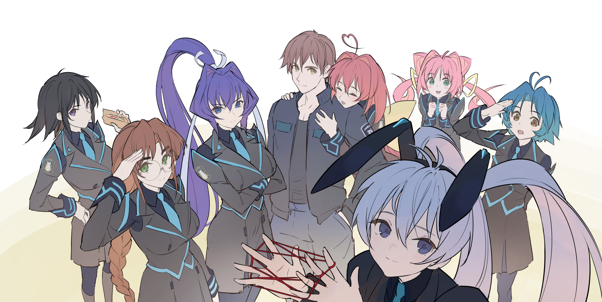 1boy 6+girls ^_^ ahoge antenna_hair ayamine_kei black_hair black_jacket black_shirt blouse blue_hair blue_necktie blush bow braid cat's_cradle closed_eyes collarbone collared_shirt commentary crossed_arms english_commentary food glasses green_eyes hair_behind_ear hair_bow hair_ears hair_intakes heart heart_ahoge heart-shaped_hair highres holding holding_food hug hug_from_behind jacket juliet_sleeves kagami_sumika long_sleeves looking_at_viewer military military_uniform mitsurugi_meiya multiple_girls muv-luv muv-luv_alternative necktie pink_hair puffy_sleeves purple_eyes red_hair sakaki_chizuru salute shirogane_takeru shirt short_hair silver_hair smile tamase_miki timbougami twin_braids twintails yakisoba yakisobapan yashiro_kasumi yellow_bow yoroi_mikoto