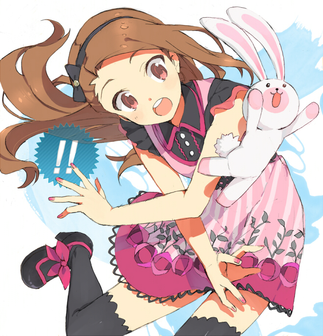 ! 01_0219 1girl asymmetrical_bangs black_thighhighs bow brown_hair buttons commentary_request crossed_arms dress duplicate fingernails floral_print hairband idol idolmaster idolmaster_(classic) long_hair mary_janes minase_iori nail_polish open_mouth paint_splatter pinafore_dress red_eyes shirt shoes sleeveless sleeveless_dress sleeveless_shirt solo stuffed_animal stuffed_rabbit stuffed_toy surprised teeth thighhighs usa-chan_(idolmaster) white_background