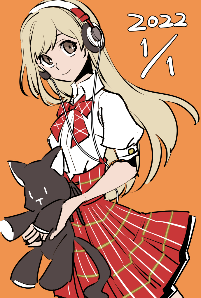 1girl blonde_hair brown_eyes closed_mouth collared_shirt commentary_request dated grey_eyes headphones holding holding_stuffed_toy kawahara long_hair looking_at_viewer matsunae_tsugumi neck_ribbon nyantan plaid_clothes plaid_skirt red_ribbon red_skirt ribbon shin_subarashiki_kono_sekai shirt short_sleeves simple_background skirt smile solo stuffed_animal stuffed_cat stuffed_toy subarashiki_kono_sekai white_shirt yellow_background