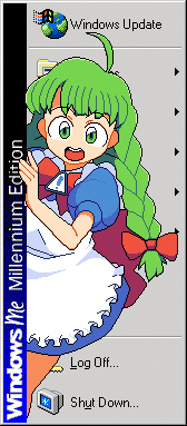 1girl ahoge apron blue_dress bow bowtie braid coby commentary dress english_commentary green_eyes green_hair hair_bow hair_ribbon icon_(computing) long_hair looking_at_viewer lowres maid maid_apron me-tan microsoft_windows open_mouth os-tan personification pixel_art red_bow red_bowtie ribbon solo twin_braids wide-eyed windows_classic windows_me